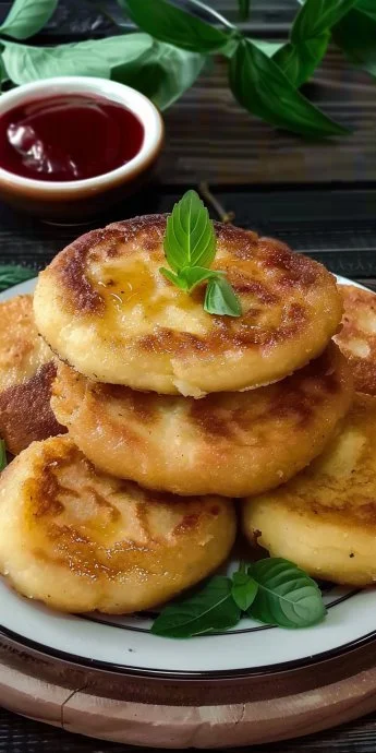 Tortitas de papa y queso recién hechas, servidas en un plato colorido.