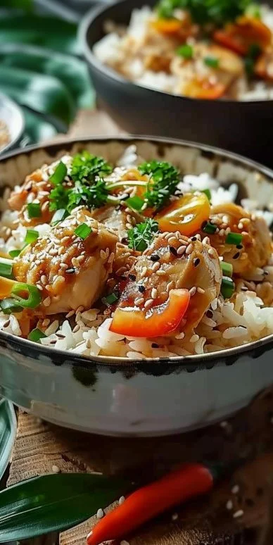 Plato de Arroz Coco Pollo Fácil con ingredientes frescos y coloridos