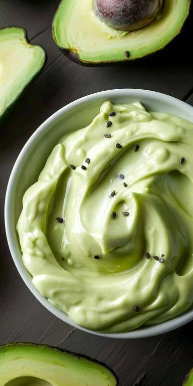 Avocado mayonnaise in a small bowl with avocados and toast