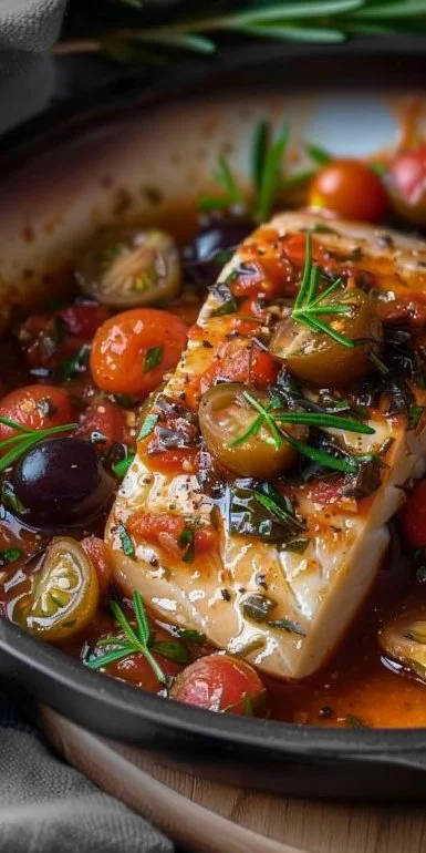Bacalao a la Provenzal con tomates cherry y aceitunas en un plato delicioso