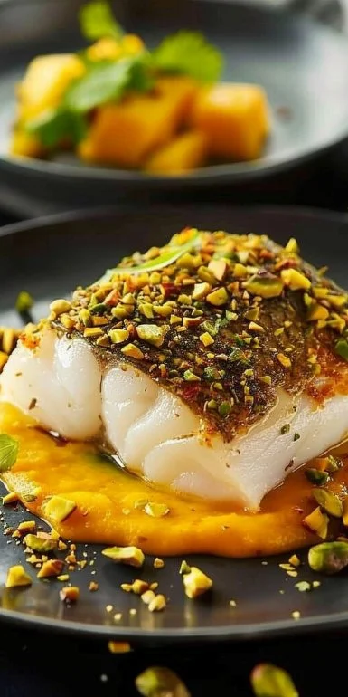 Bacalao con costra de pistachos y salsa de mango