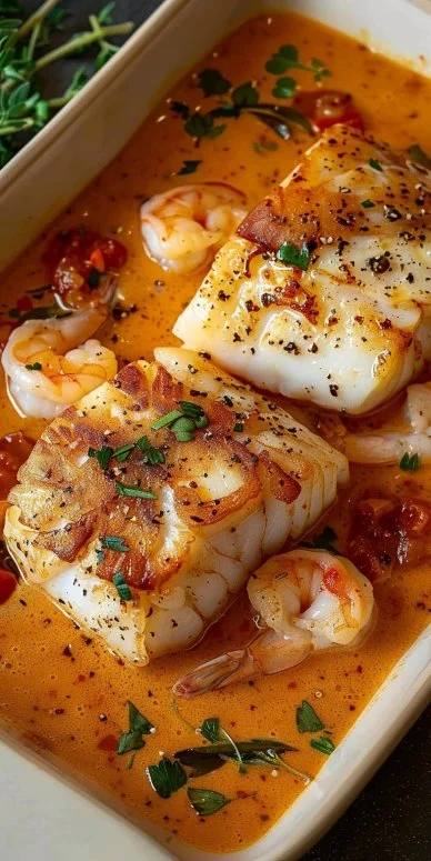 Bacalao en salsa cremosa con gambas y piquillos, un plato gourmet.