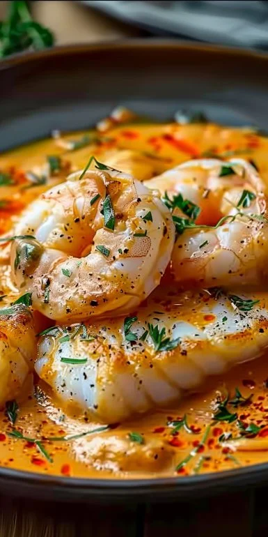 Bacalao en Salsa Cremosa de Gambas y Piquillos