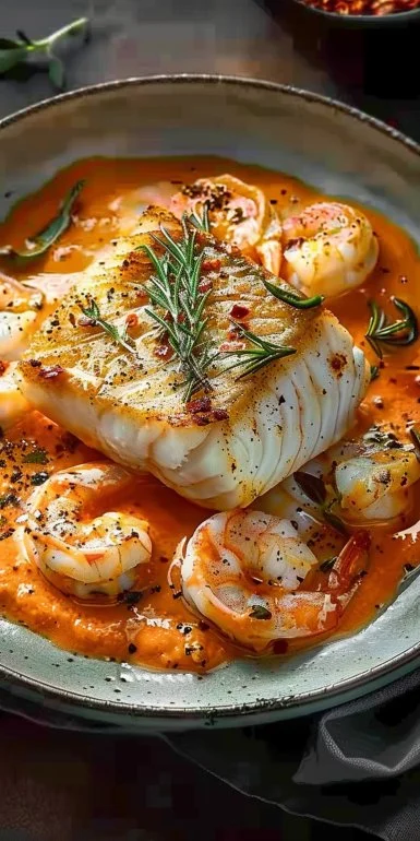Bacalao en Salsa Cremosa de Gambas y Piquillos