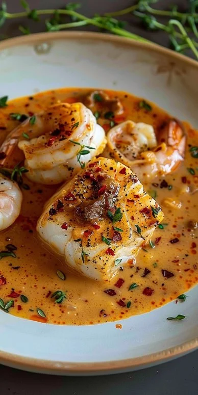 Bacalao en Salsa Cremosa de Gambas y Piquillos