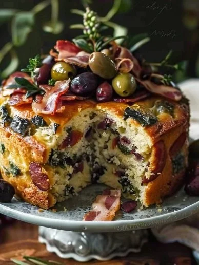 Cake de aceitunas y bacon servido en un plato blanco