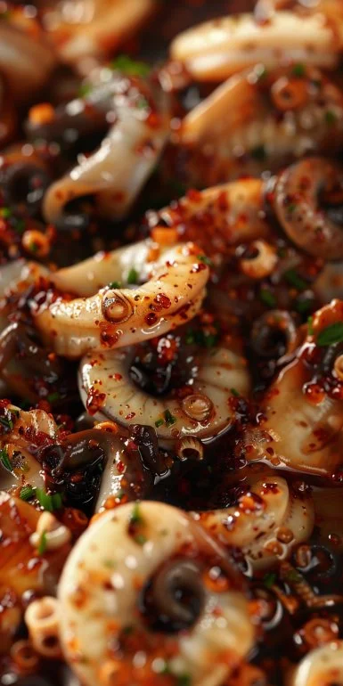 Calamares en salsa servidos en un plato decorativo