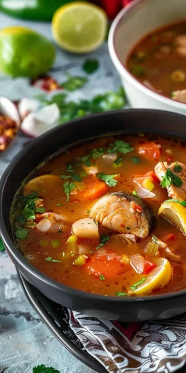 Caldo de Pescado Mexicana servido en un plato con ingredientes frescos