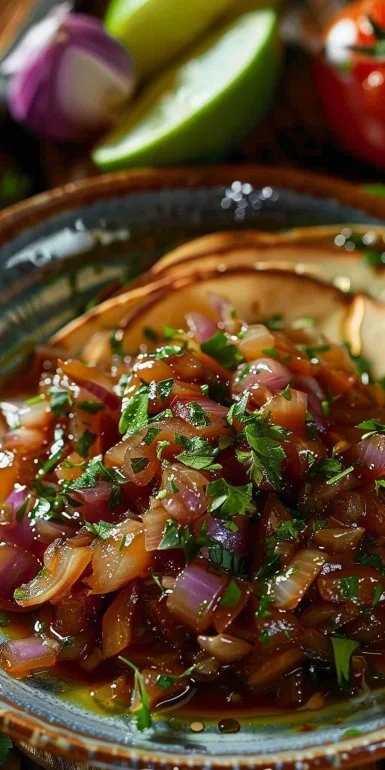 Delicious caramelized onion sauce drizzled over gourmet dishes