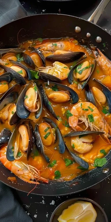 Cazuelita de mejillones y langostinos a la marinera servida en un plato
