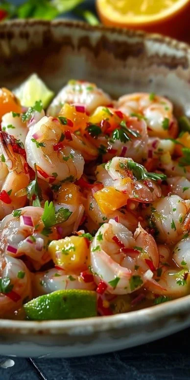 Ceviche de camarón al estilo Pacífico con ingredientes frescos