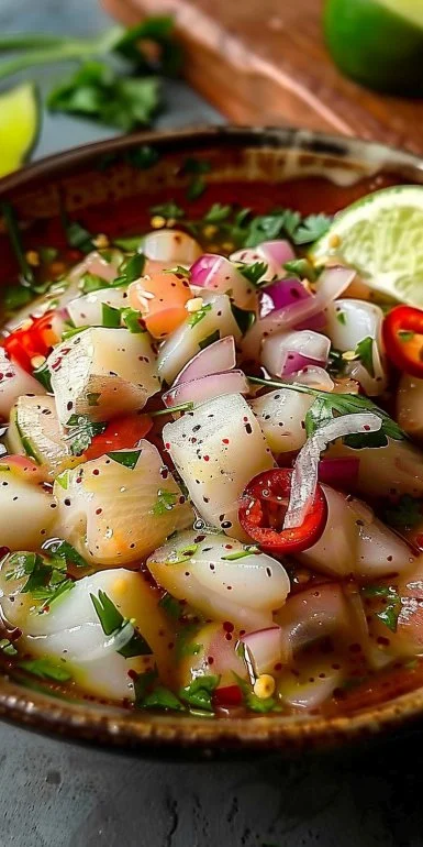 Ceviche de pescado fresco con ingredientes naturales y salsa cítrica.