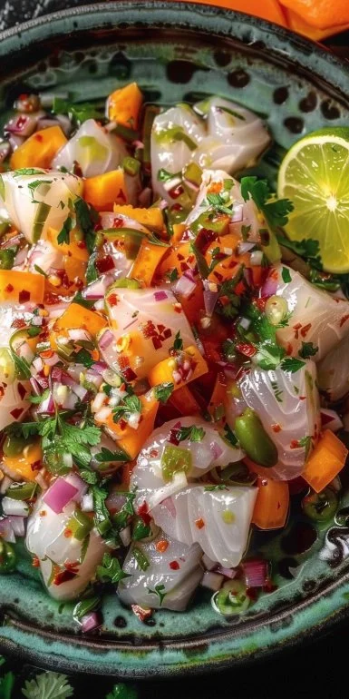 Plato de Ceviche Peruano fresco y colorido, representando la gastronomía del Perú.
