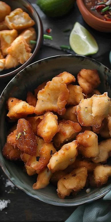 Chicharrones de pescado crujientes y dorados servidos en un plato.