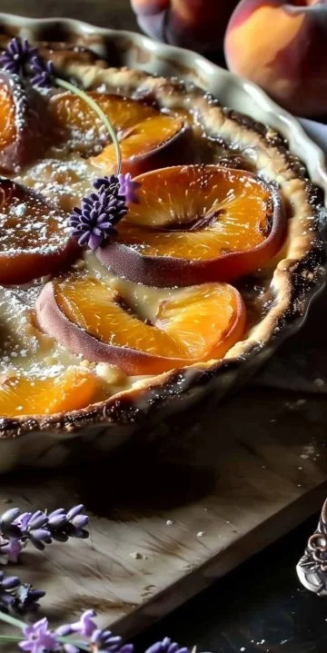 Clafoutis de Albaricoques y Lavanda servido en un plato decorativo.