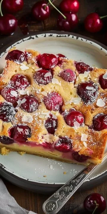 Clafoutis de cereza al horno de vainilla, postre tradicional francés