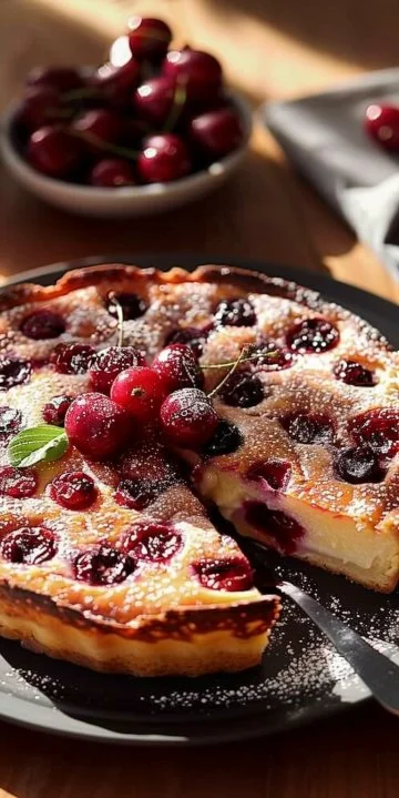Delicioso clafoutis de cerezas clásico recién horneado