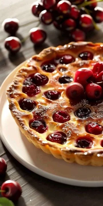 Clafoutis de cerezas clásico recién horneado en un plato de cerámica