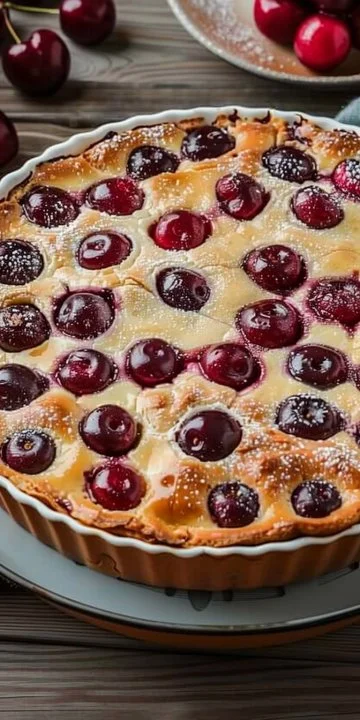 Clafoutis de cerezas cocido en freidora de aire, postre delicioso y fácil