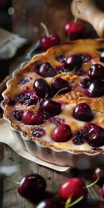 Clafoutis de cerezas servido en un plato, un postre francés delicioso