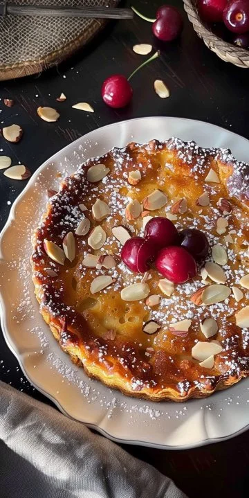 Clafoutis de cerezas y almendras servido en un plato blanco