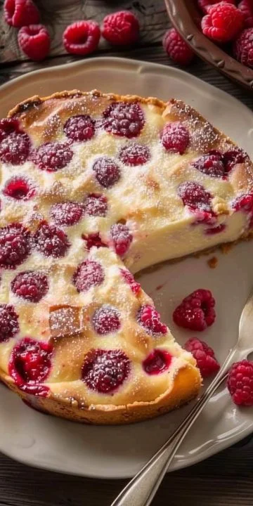 Clafoutis de frambuesa recién hecho, servido con natillas francesas.
