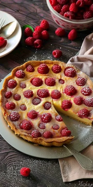 Clafoutis de frambuesas recién horneado con frutas frescas.