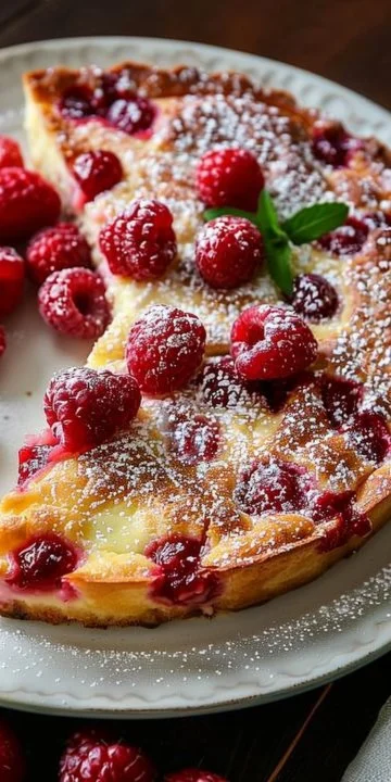 Clafoutis de Frambuesas, un delicioso postre francés con frutas frescas.