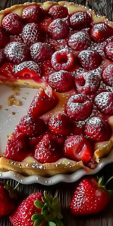 Delicioso Clafoutis de Frambuesas fácil y esponjoso, servido en un plato.