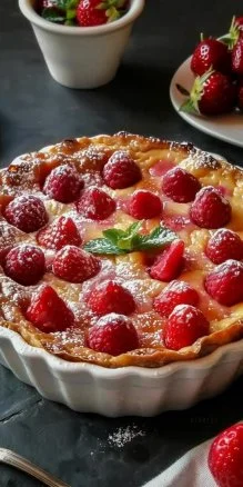 Clafoutis de Fresas Ligero, un postre sin culpa lleno de fresas y sabor.