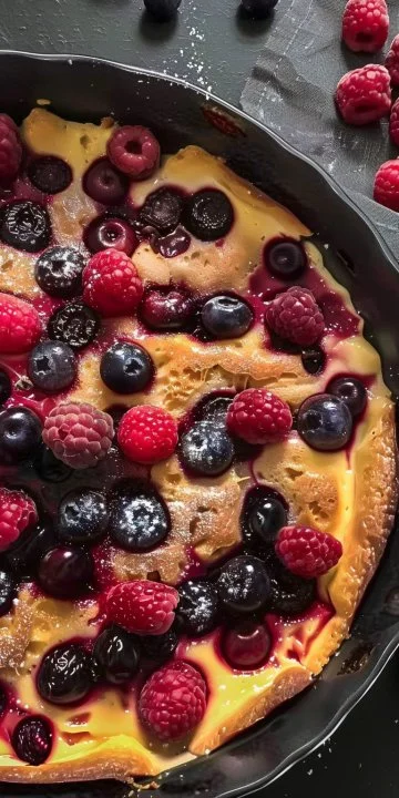 Clafoutis de Frutas Rojas fresco y apetitoso, ideal para el postre.