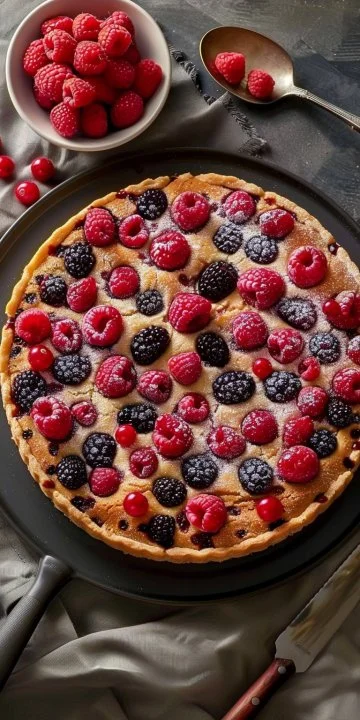 Clafoutis de frutas rojas recién horneado, postre francés irresistible.