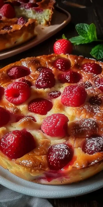Clafoutis ligero de fresas servido en un plato blanco