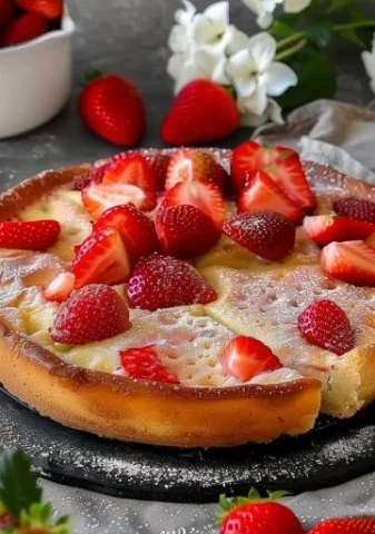 Clafoutis ligero de fresas fresco y delicioso, ideal para postres caseros.