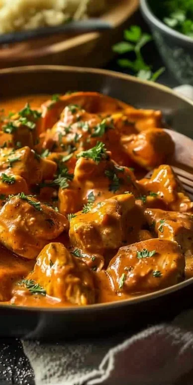 Tazón de Pollo Paprikash clásico con pimientos y especias en una mesa