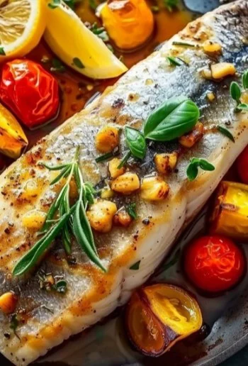 Plato de Corvina Al Horno a La Mediterránea con guarnición fresca