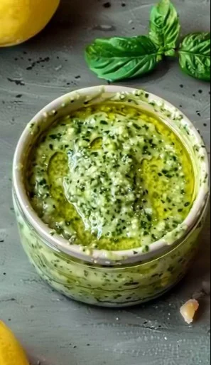 Creamy lemon pesto sauce served over pasta and garnished with herbs