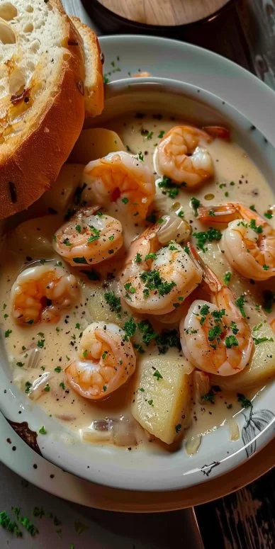 Plato de crema de camarones con papas y pan tostado