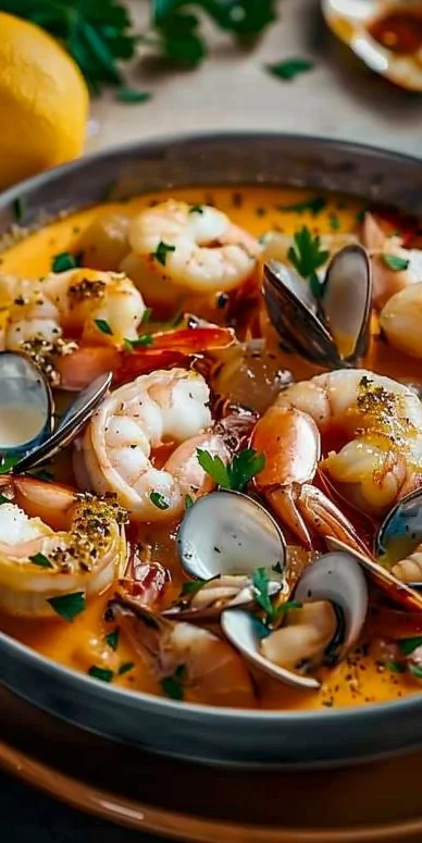 Plato de crema de mariscos servido en un tazón, decorado con hierbas frescas.