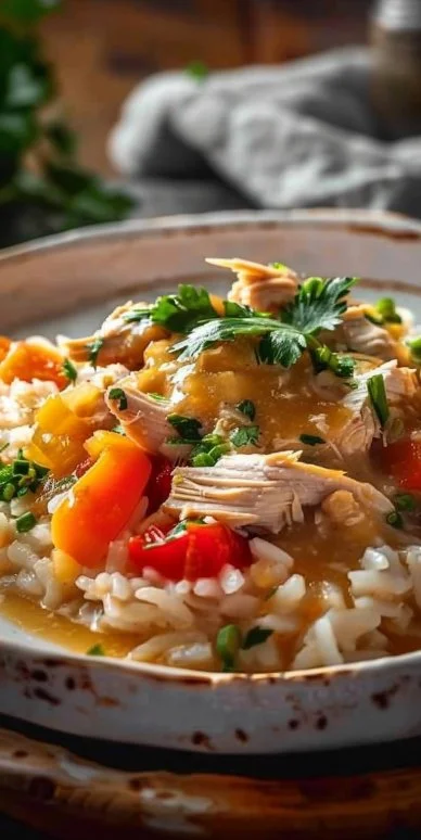 Plato de cremosa pollo reis con verduras frescas y apetitosas.