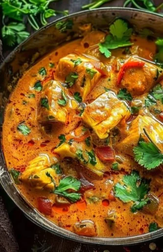 Curry de Pescado Rápido servido en un plato con arroz y cilantro fresco