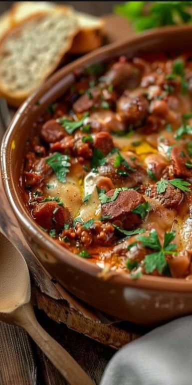 Plato de chorizo cremoso delicioso y tentador en un fondo colorido.