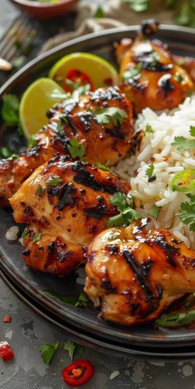 Plato de delicioso pollo con arroz recién cocinado y decorado con verduras frescas.
