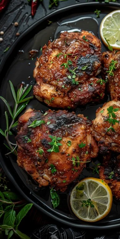 Pollo griego crujiente servido en un plato con guarniciones coloridas.