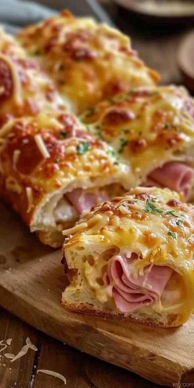Pan relleno de jamón y queso recién horneado y dorado