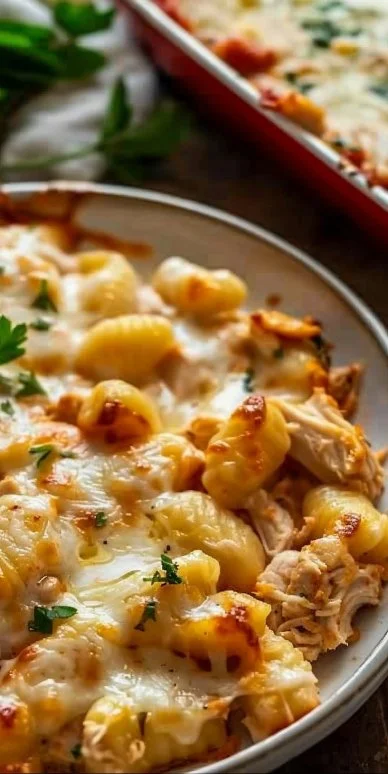 Plato de oven chicken gnocchi recién horneado y decorado