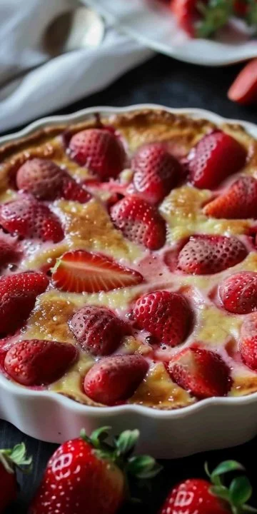 Clafoutis de fresas ligero y delicioso, postre primaveral irresistible