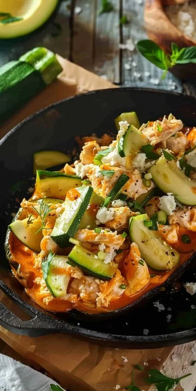 Plato de Pollo Buffalo con calabacín fresco y salsa picante