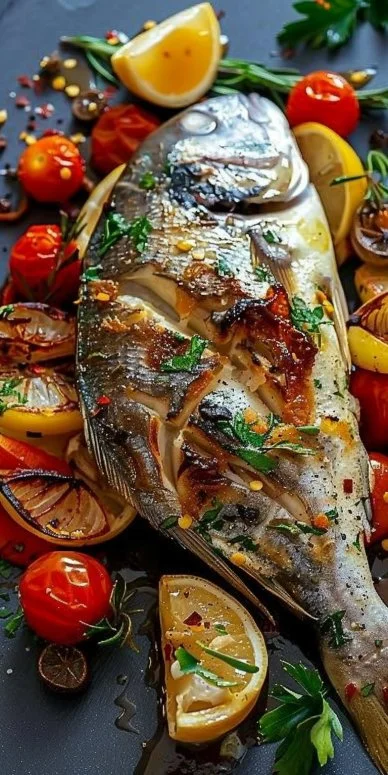 Dorada al Horno con Verduras exquisita preparada en una bandeja