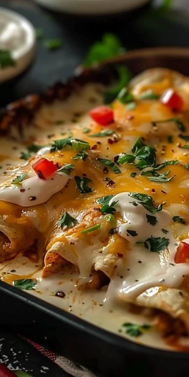 Enchiladas de pollo con crema y queso, una delicia mexicana en un plato colorido.